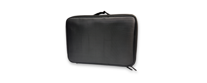 Black water-resistant face paint carrying case with a durable zippered design and top handle for organizing professional face painting supplies.