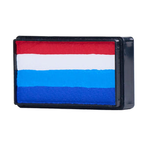 Compact, multi-color face paint cakes for brush application, ideal for vibrant, detailed designs in one stroke.