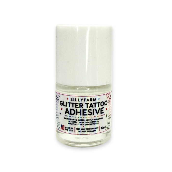 SillyFarm Glitter Tattoo Adhesive 10ml bottle with white cap and built-in brush applicator.