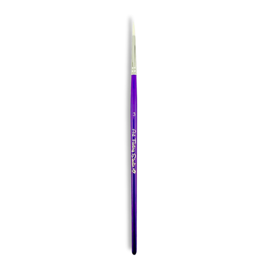 A single fine detail paint brush with a metallic purple handle, silver ferrule, and white bristles, shown vertically against a plain white background.