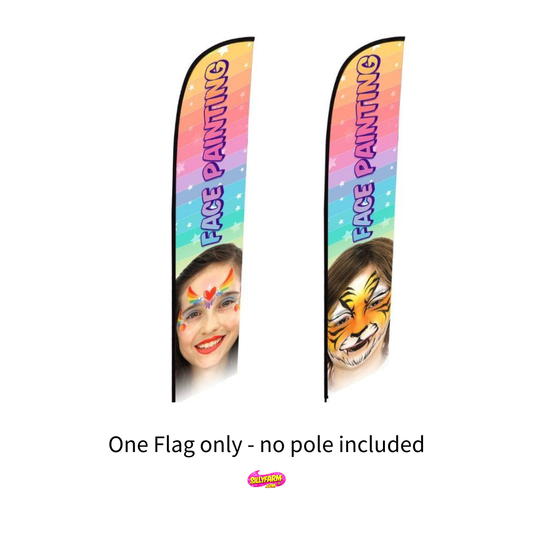 Two double-sided feather flags with face painting designs on a white background.