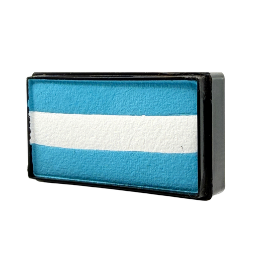 Rectangular one-stroke face paint cake with sky blue and white horizontal stripes inside a black plastic container, inspired by the colors of the Argentina flag for soccer fan face painting and cheek flags.