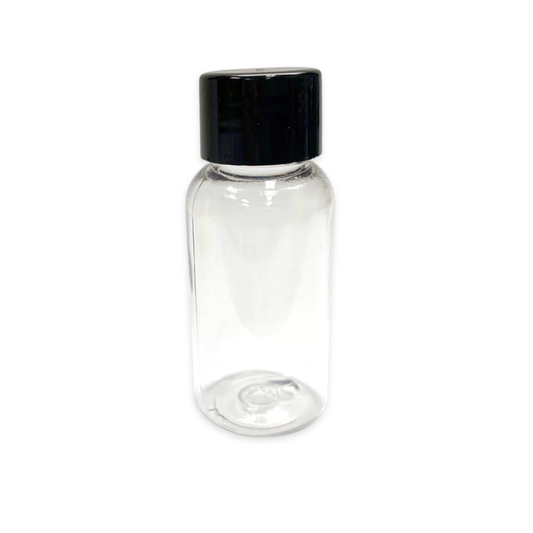 A 1oz clear plastic bottle with a black screw cap, shown against a plain white background.