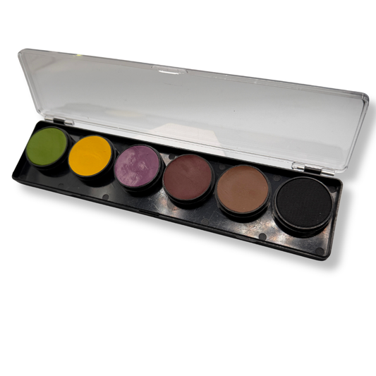 FAB 6-Color Bruise Effects face paint palette featuring six professional colors for painting bruises, black eyes, discoloration, and character makeup in a compact palette with a clear protective lid.
