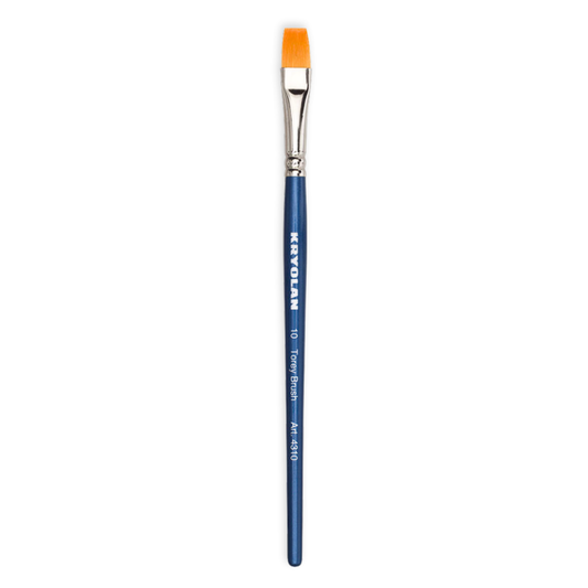 A single flat paint brush with a blue handle, silver ferrule, and orange bristles, shown vertically on a plain white background. The brand name 'Kryolan' is printed in white on the handle.