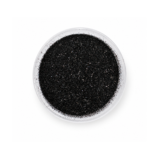 closeup of an open jar filled with black glitter