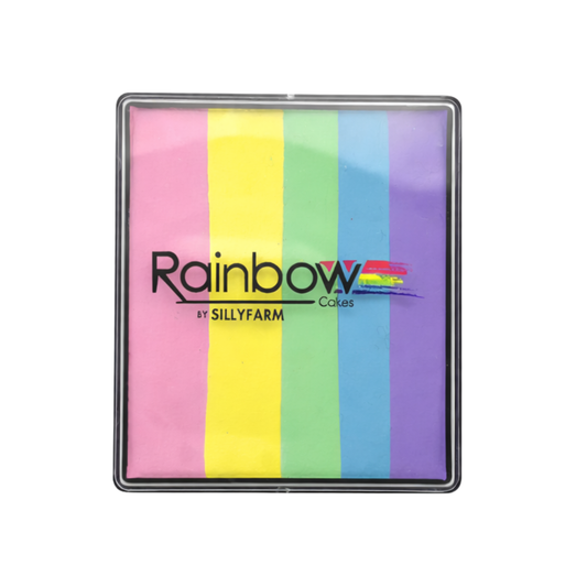 Colorful rainbow face paint with 'Rainbow by Sillyfarm Cakes' branding on a white background