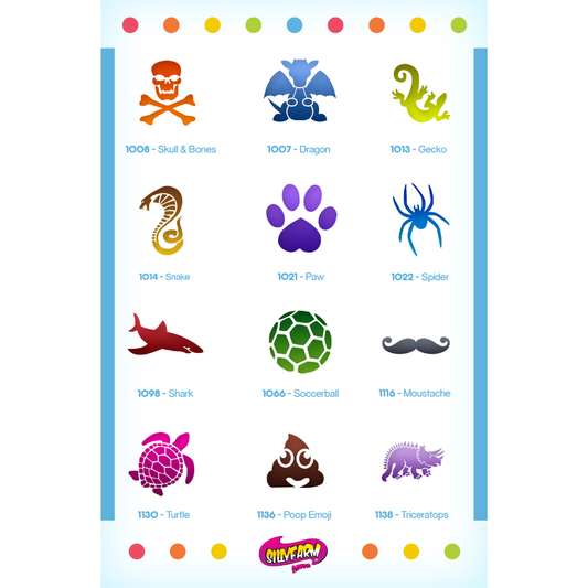 Boys Pink Power Stencil Set by SillyFarm showing the 12 included reusable stencil designs: Skull & Bones, Dragon, Gecko, Snake, Paw Print, Spider, Shark, Soccer Ball, Mustache, Sea Turtle, Poop Emoji, and Triceratops, plus a full-color display card.