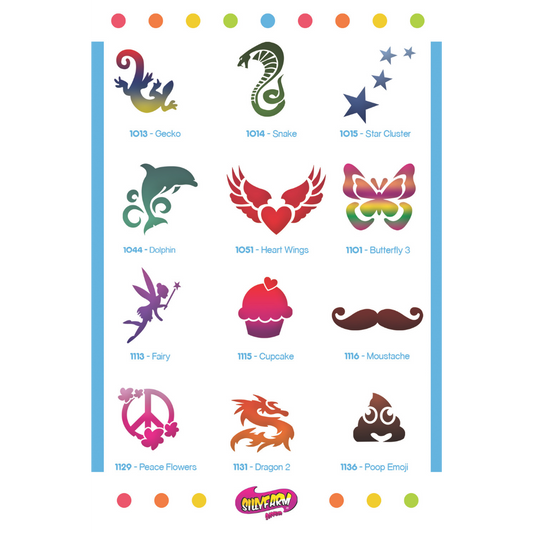 Party Pink Power Stencil Set by SillyFarm showing the 12 included reusable stencil designs: Gecko, Snake, Star Cluster, Dolphin, Heart Wings, Butterfly, Fairy, Cupcake, Mustache, Peace Flowers, Dragon, and Poop Emoji, plus a full-color display card.