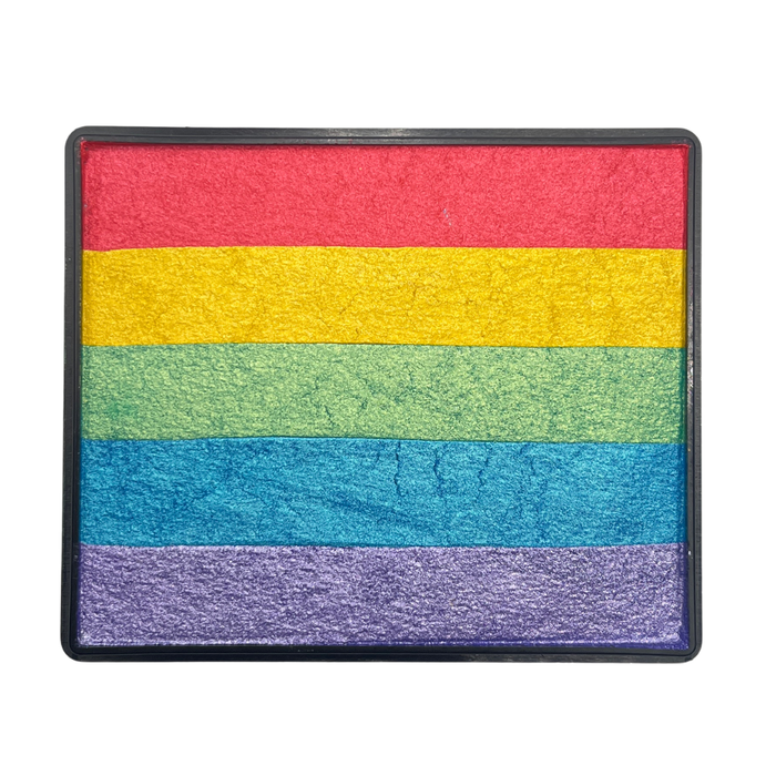 Shimmer Rainbow Cake face paint with layered stripes of bright pink, metallic gold, pearly green, blue, and lavender shimmer tones in a rectangular container.