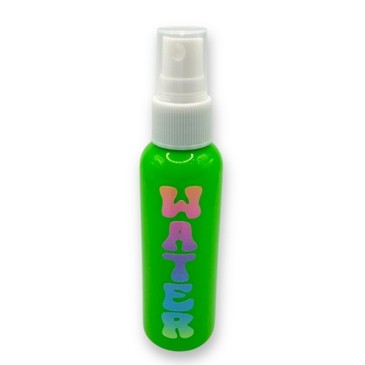 Green 2 oz reusable fine mist water spray bottle with a colorful water-resistant "WATER" label for activating face paints and dampening brushes.