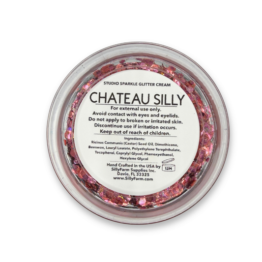 Back view of Chateau Silly Studio Sparkle Glitter Cream container showing the product label, ingredients, safety information, and usage details. ✨