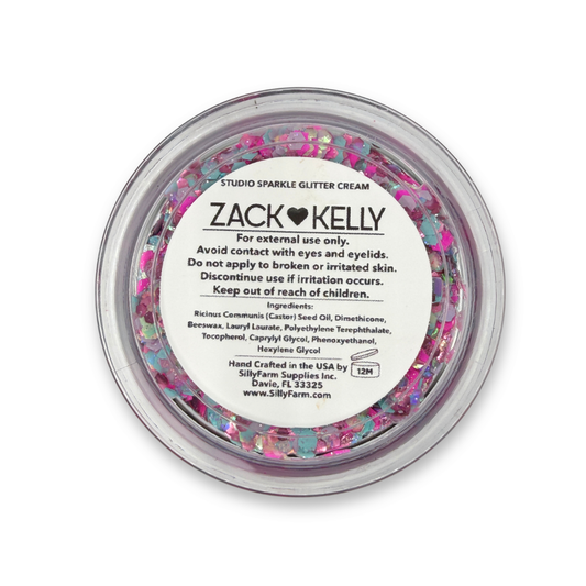 Back view of Zack ♥ Kelly Studio Sparkle Glitter Cream container showing the product label, ingredients, safety information, and usage details.