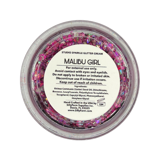 Back view of the SillyFarm Malibu Girl Studio Sparkle Glitter Cream 25g jar showing the product label with ingredients, directions for use, and handcrafted in the USA information.