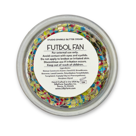 Bottom view of Futbol Fan Studio Sparkle Glitter Cream by SillyFarm showing the product label on a 25g glitter cream jar from the limited edition World Soccer Fan Collection.