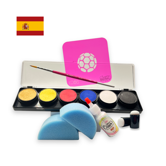 Spain-themed soccer fan face paint kit featuring a 6-color water activated palette with red, yellow, blue, white, black, and metallic gold paints, a pink soccer stencil, professional round brush, two blue face painting sponges, a bottle of Mama Clown glitter, and foam daubers displayed on a white background.