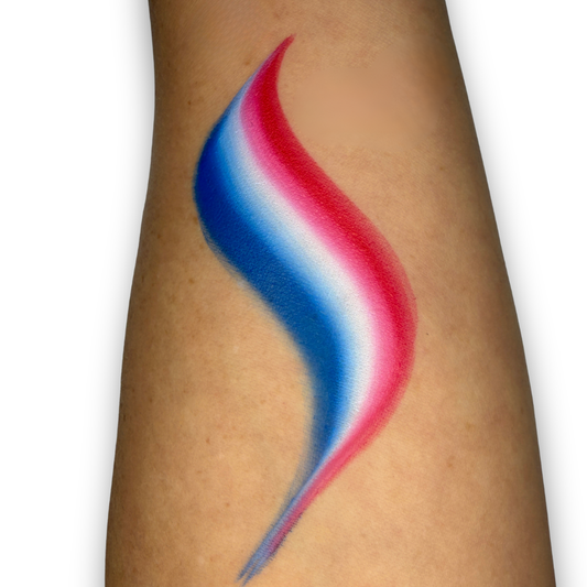 Red, white, and blue one-stroke face paint swatch with smooth blended stripes, inspired by classic patriotic and world soccer fan designs.