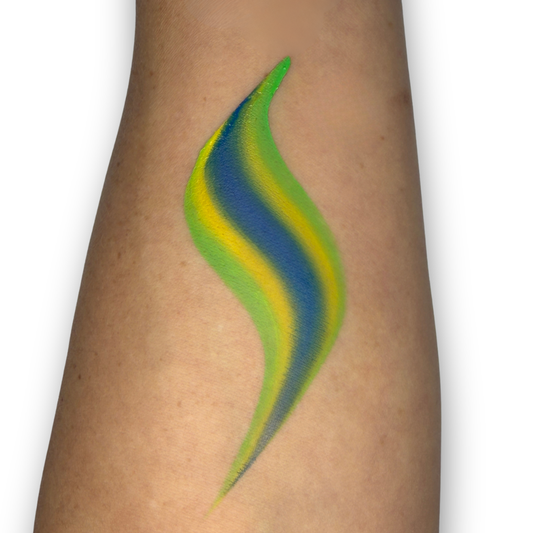 Green, yellow, and blue one-stroke face paint swatch with vibrant blended stripes, inspired by Brazil's national colors for world soccer fan face painting.