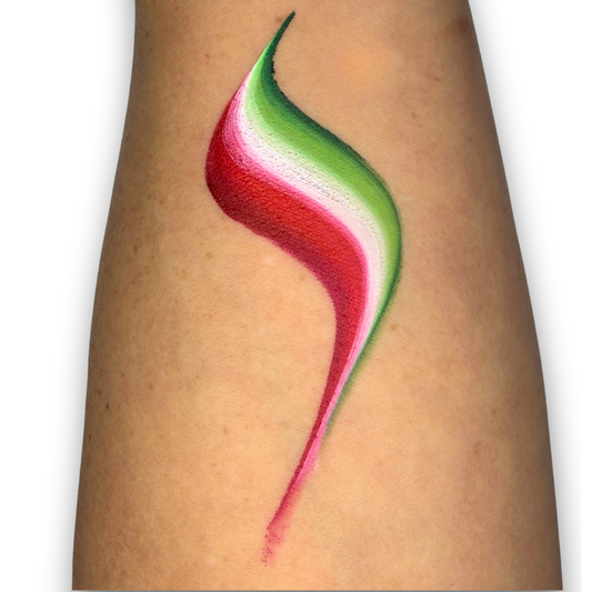 Green, white, and red one-stroke face paint swatch with vibrant blended stripes, inspired by Mexico's national colors for world soccer fan face painting.