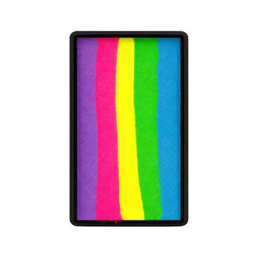 Tag Face Paint one stroke mini fizz container of unused face paint showing a set of striped neon colors purple, pink, yellow, green and blue