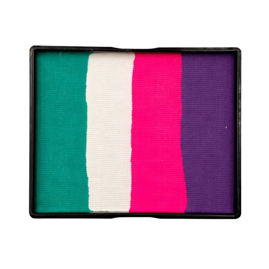 Tag Face Paint Split Cake Bubble Gum of unused face paint 4 stripes of colors side by side Regular Purple, Neon Magenta, Regular White and Regular Teal.