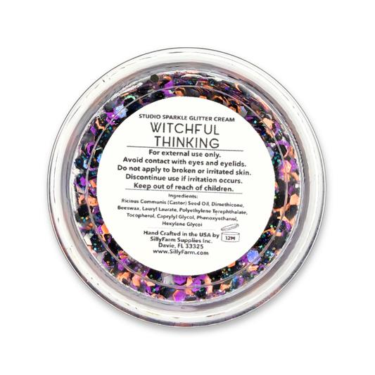 Witchful Thinking Studio Sparkle Glitter Cream 25g jar showing the product label and colorful Halloween glitter mix.
