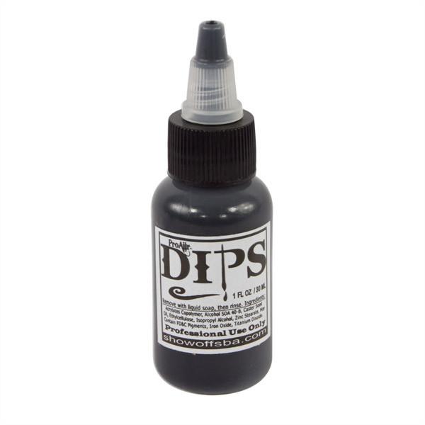 1 oz bottle of ProAiir DIPS Black water-resistant face paint for outlines, line work, face painting, and body art.