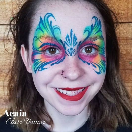 Face painted with vibrant, smudge-proof FAB paint, showcasing smooth, water-based coverage ideal for detailed designs