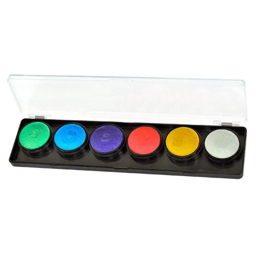 FAB 6-color face paint palette with smooth, creamy, water-based paint ideal for detailed designs. Dries quickly to prevent cracks and smears. Comes with a clear cover for protection
