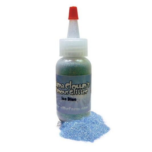 Mama Clown glitter adds sparkle to face and body art, available in a variety of colors. Comes in a 1oz poofer or jar, safe for lips and skin, and can be applied dry or mixed with gel. Choose transparent for a subtle shine or opaque metallic for bold coverage