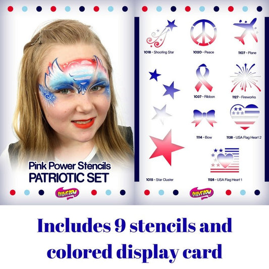 Patriotic Pink Power Stencil Set by SillyFarm showing the 9 included reusable stencil designs: Shooting Star, Peace Sign, Airplane, Ribbon, Fireworks, Bow, USA Heart Flag 1, USA Heart Flag 2, and Star Cluster, plus a full-color display card.