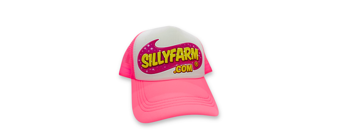 Bright pink and white SillyFarm trucker hat with embroidered logo, designed for face painters, makeup artists, and creative professionals.