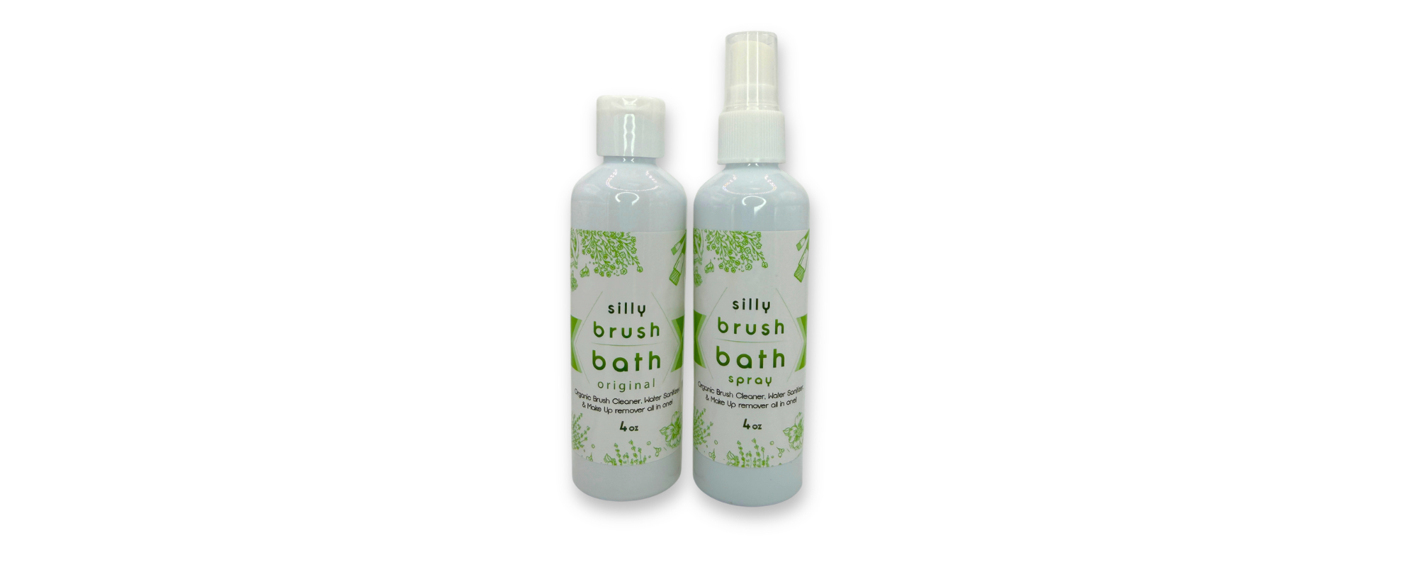 Silly Brush Bath Original and Spray brush cleaner bottles for cleaning, sanitizing, and conditioning face painting and makeup brushes.