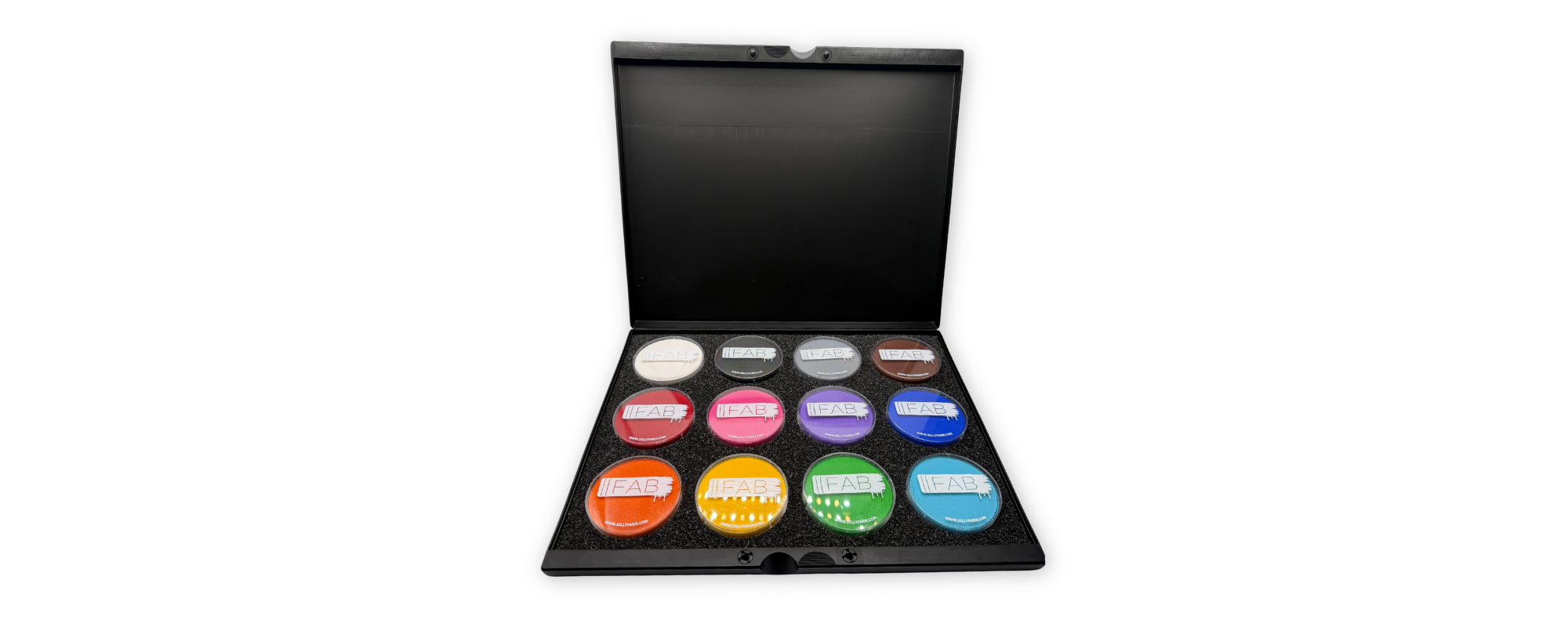 Professional face paint palette featuring 12 FAB water-activated face paints in a durable case for face painting, festivals, and special effects makeup.