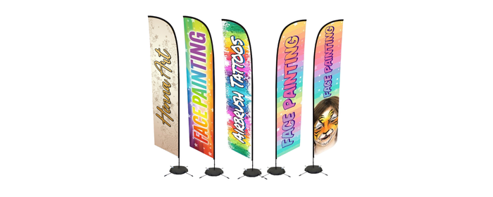 Colorful feather flags and promotional banners for face painting, henna, and airbrush tattoo booths at festivals, fairs, and events.