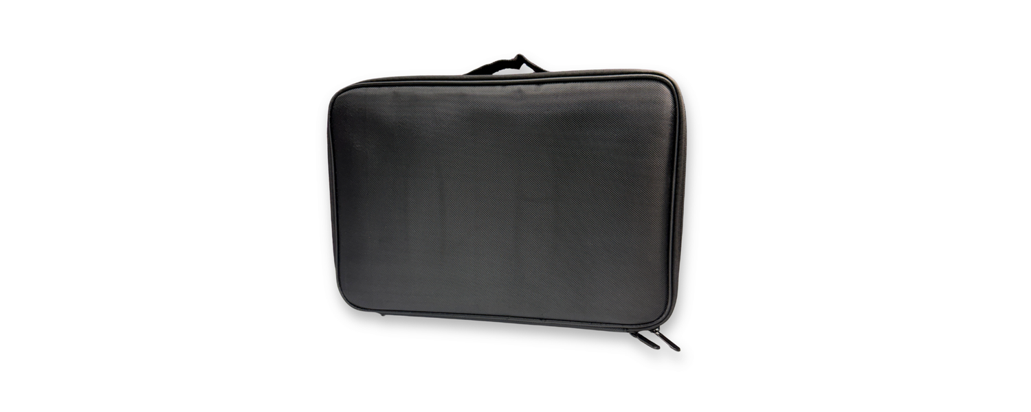 Black water-resistant face paint carrying case with a durable zippered design and top handle for organizing professional face painting supplies.
