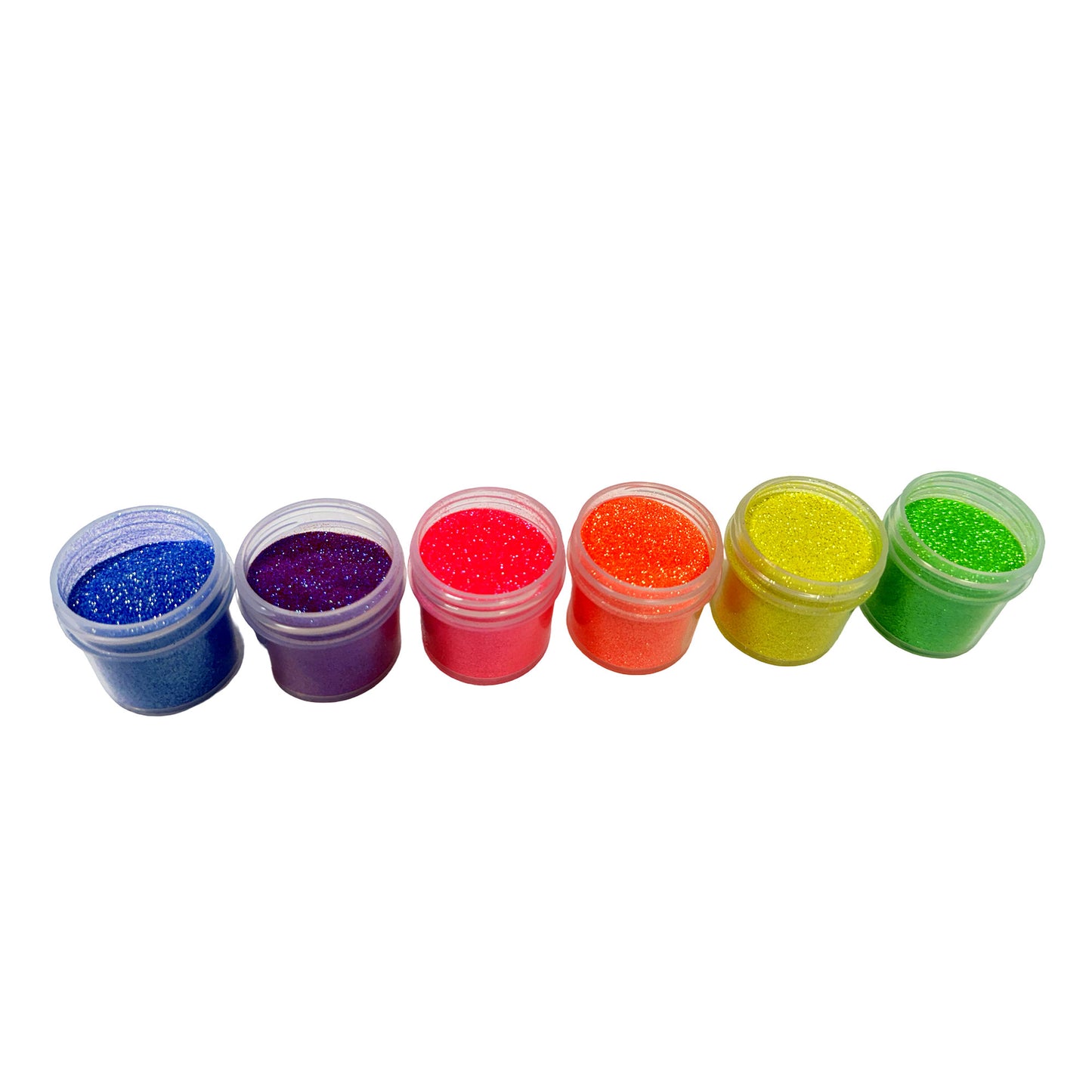Six small jars of colorful glitter on a white background