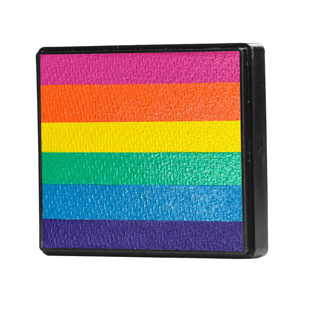 A multi-colored rainbow cake makeup accessory with a black border, designed for body and face painting.