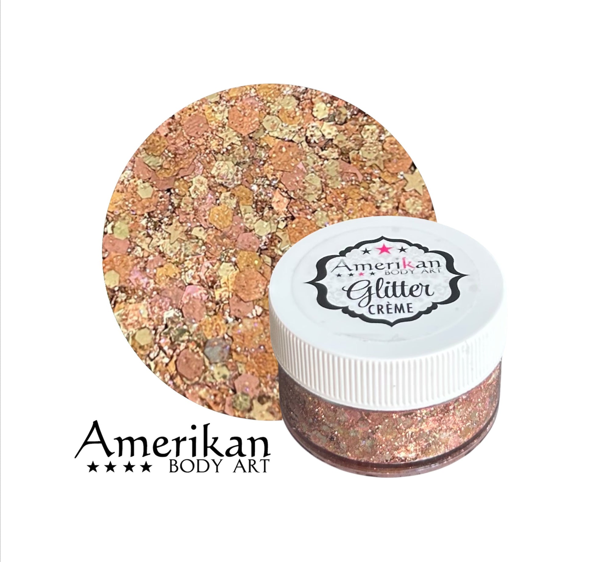 Amerikan Body Art glitter creme container with open lid showing glitter on a white background