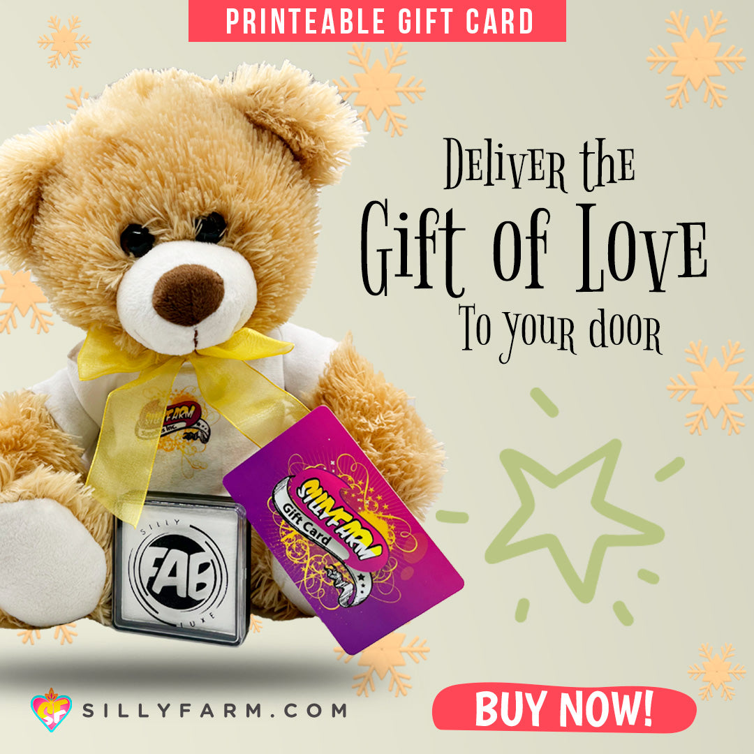 Teddy bear with a gift card and 'FAB' logo on a light background with decorative elements.