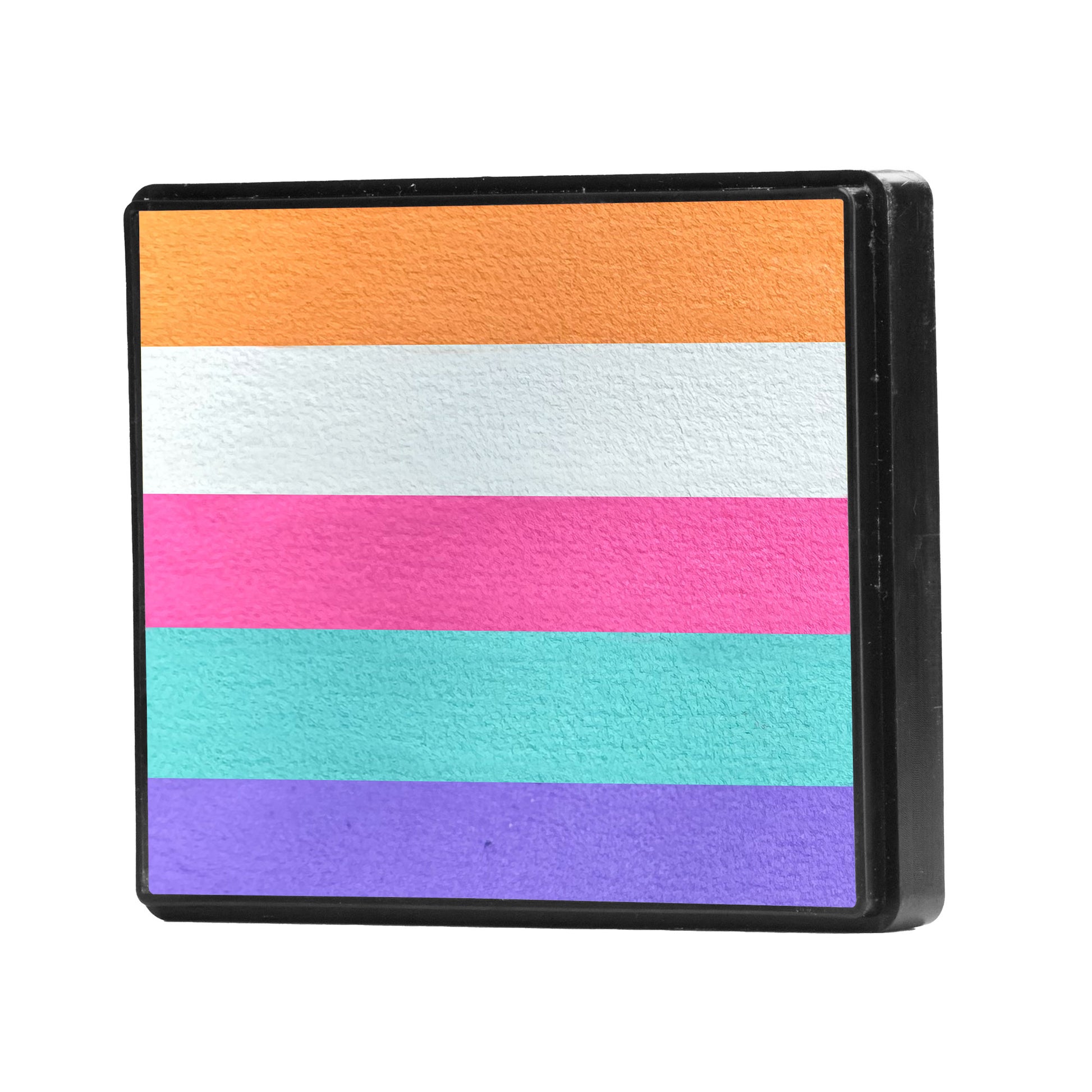 Colorful striped compact mirror with black frame on a white background