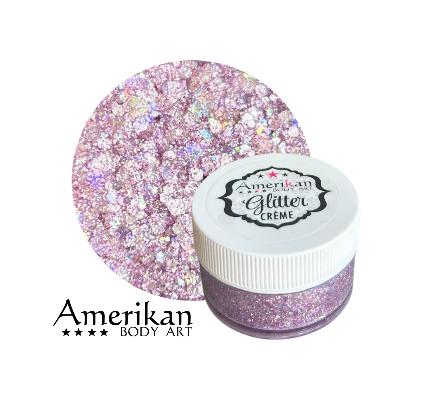 Amerikan Body Art glitter creme with pink and silver glitter on a white background