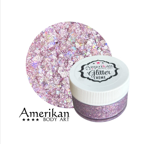 Amerikan Body Art glitter creme with pink and silver glitter on a white background
