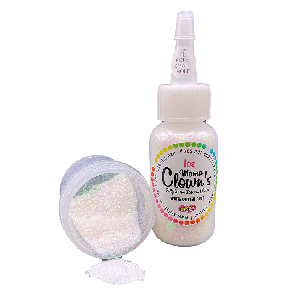 A bottle of Mama Clown Glitter White Glitter Dust with a small container of glitter in front, placed on a white surface.