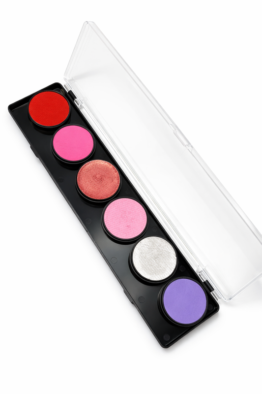 Open Silly Valentine FAB 6 color face paint palette showing six 11g FAB paints in pink, red, purple, white, and shimmer tones on a white background.