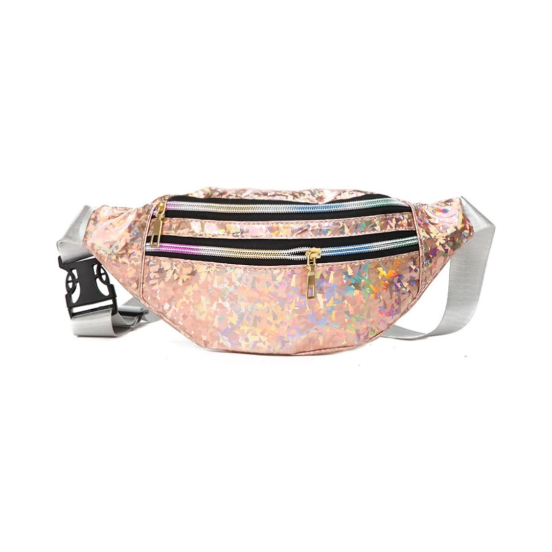 A champagne holographic fanny pack with gold zippers and a silver adjustable strap, shown against a plain white background.