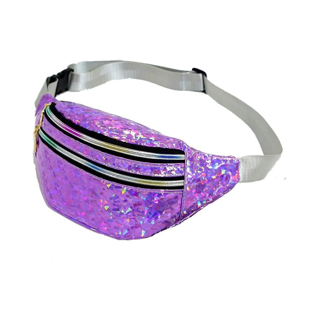 A purple holographic glitter fanny pack with a silver adjustable strap and black buckle, shown on a plain white background.