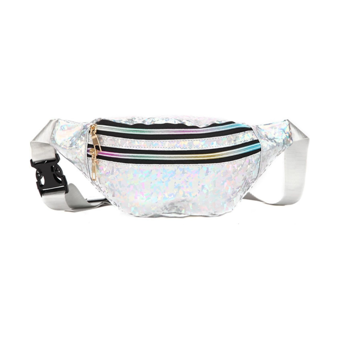 A silver holographic fanny pack with a crinkled texture, featuring a black zipper with iridescent trim and a black plastic buckle, shown on a white background.