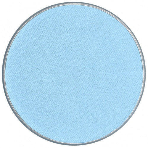 Round light blue color face paint with a plastic border on a white background
