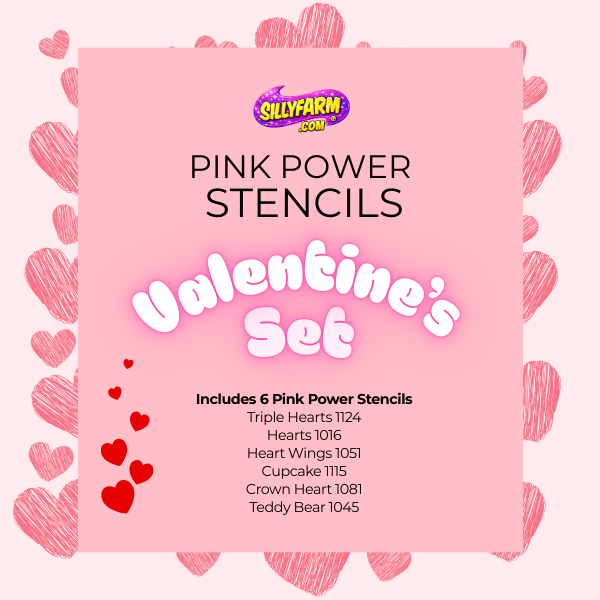 Pink packaging of 'Pink Power Stencils Valentine's Set' with heart designs on a pink background.